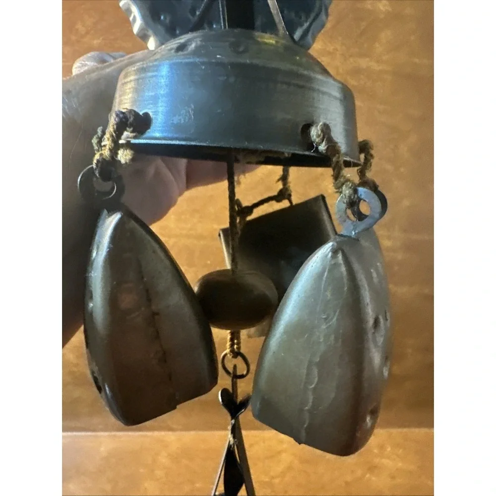 Vintage Hanging Copper Bell Wind Chimes on a Rope /Heart Hook